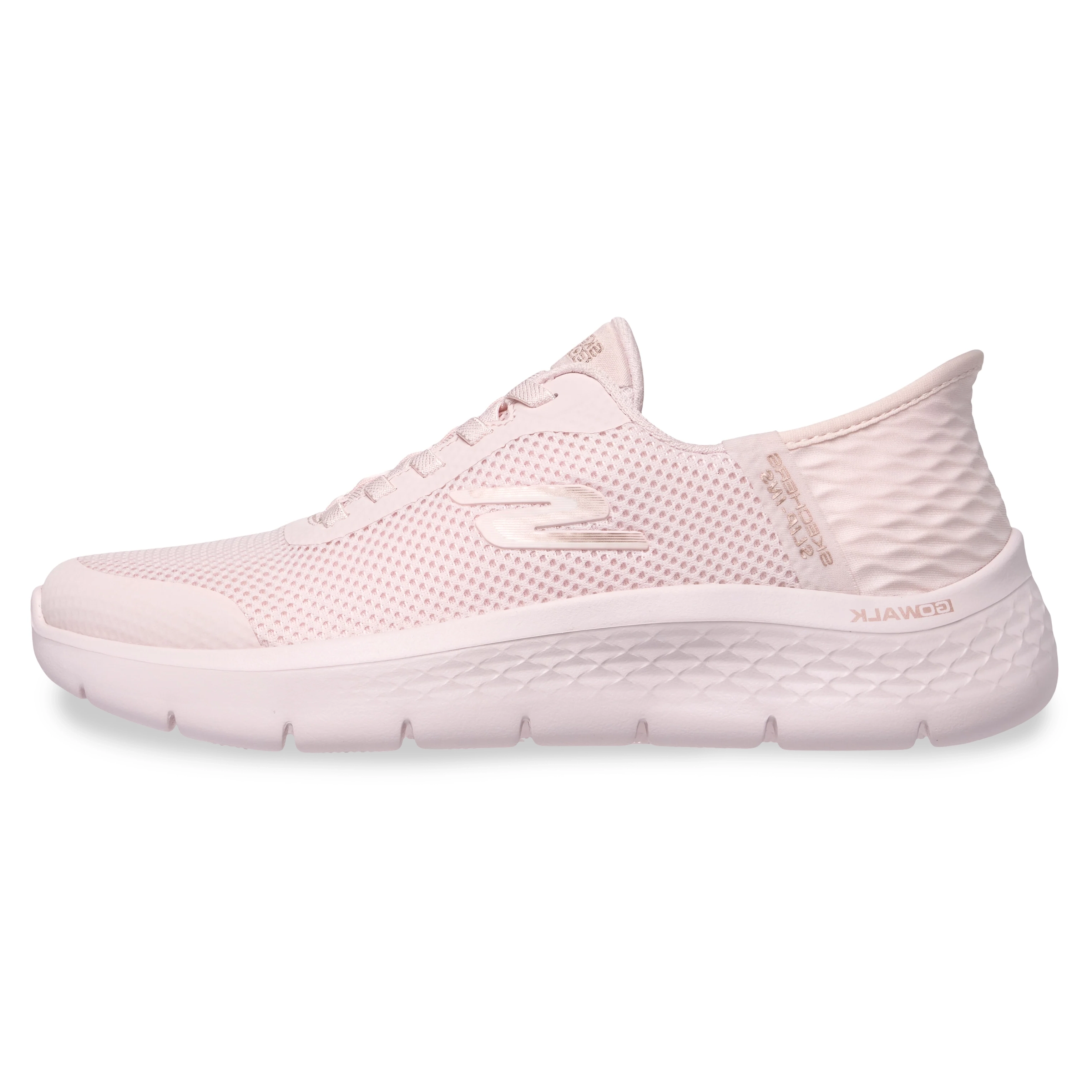Vista lateral do tênis Skechers Go Walk Flex Grand feminino rosa, destacando malha respirável e design flexível